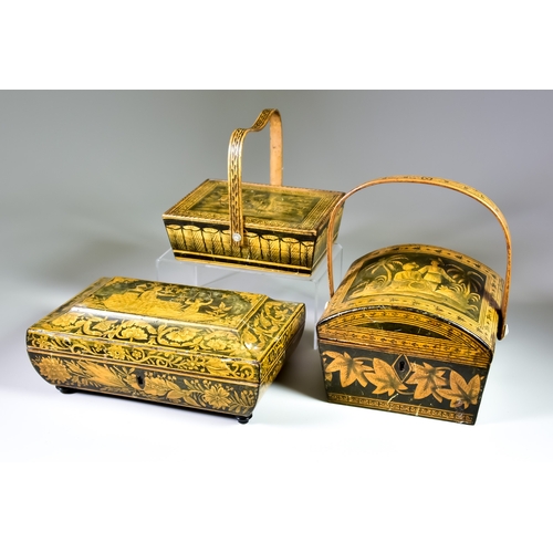 277 - Three Wooden Pokerwork  Boxes, comprising - a handled chest, with hinged lid to top, decorated with ... 
