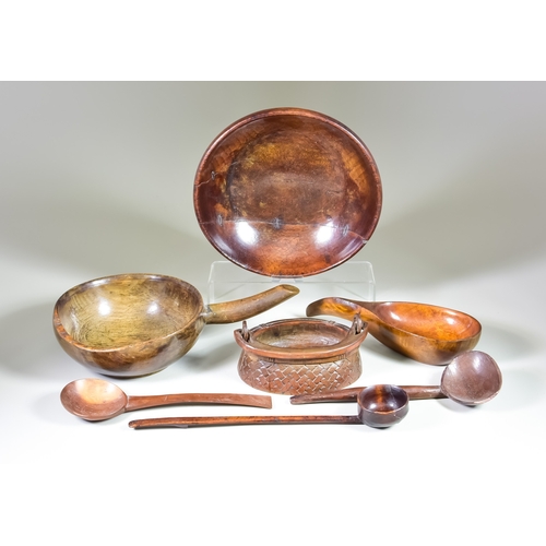 278 - A Small Collection of Treen Items, comprising - three ladles, a carved woven basket, a large bowl an... 