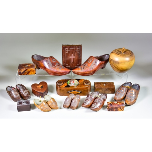 279 - A Small Collection of Treen Items, comprising - six pairs of clogs, a heart shaped box, an apple sha... 