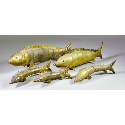294 - Five Brass Articulated Fish, 20th Century, with tooled decoration and each with eyelet to mouth, lar... 