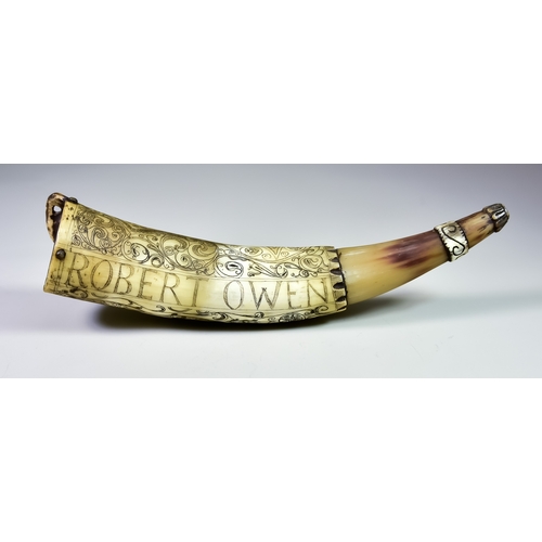 296 - A 17th/ 18th Century Horn Powder Flask, engraved with stylised motifs and worded 