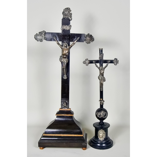 299 - Two Altar Crucifixes, 19th Century, one with rosewood veneer and with plated Corpus Christi and moun... 