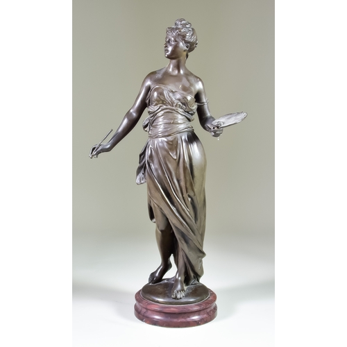 308 - Marcel Debut (1865-1933) - Brown patinated bronze - Standing figure of a Classical beauty in flowing... 