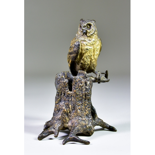 317 - Franz Bergmann (1861-1936) - Cold painted bronze match box holder, modelled as an owl perched upon a... 