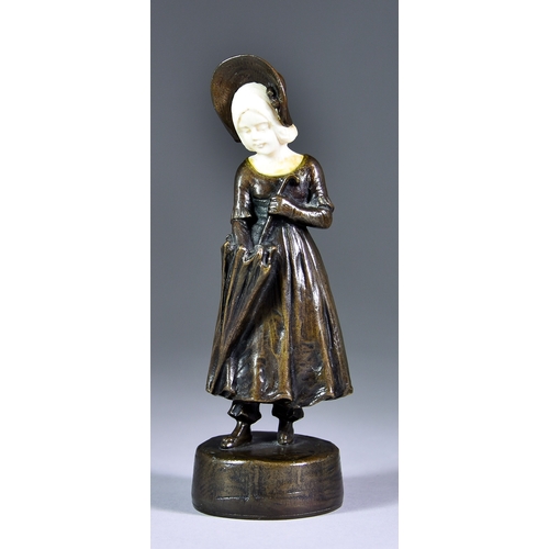318 - Peter Tereszcuk (1875-1963) - Bronze and ivory figure - Young girl wearing wide brimmed bonnet and w... 