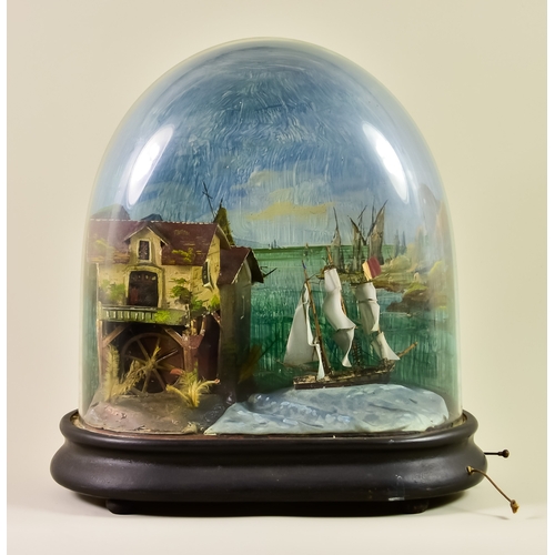 322 - A Musical Ship Automaton, 19th Century, with three masted ship in coved harbour, with building to le... 
