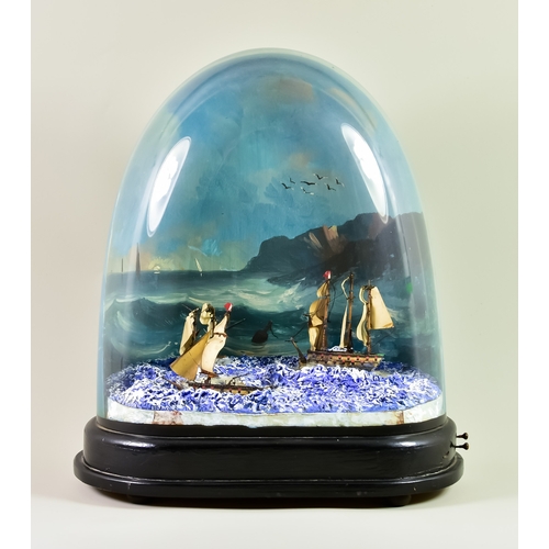 323 - A Musical Ship Automaton, 19th Century, with three ships on choppy seas off craggy coastline, and sc... 