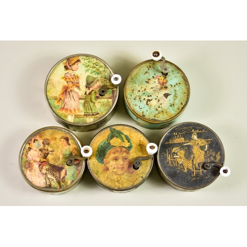 328 - Five French Cylindrical Wind-up Music Boxes, each contained in decorated metal cases, the largest 3.... 