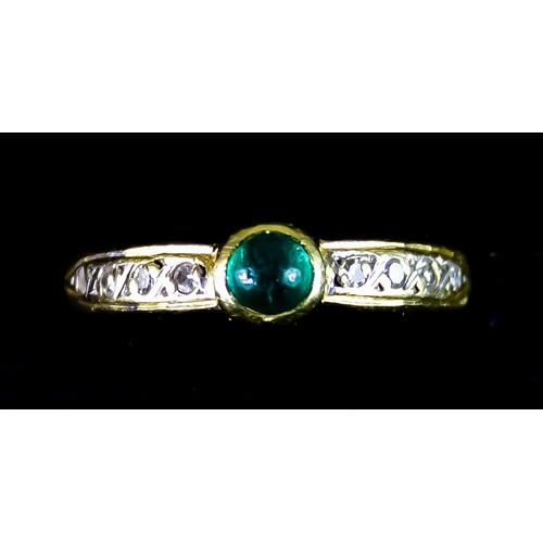 594 - An 18ct Gold Emerald and Diamond Ring, set with a centre cabochon emerald of approximately .25ct, fl... 