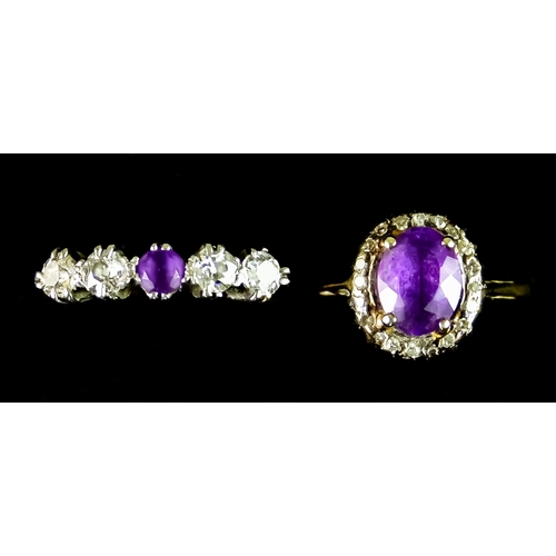 609 - Two 18ct Gold Gem Set Rings, comprising - one set with centre faceted amethyst stone surrounded by s... 