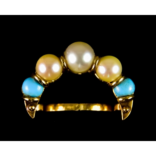 622 - A Yellow Metal Ring, in crescent form, set with three cultured pearls and two turquoise beads, size ... 