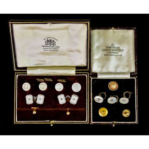 639 - Two Sets of Evening Studs, both boxed, comprising - one set of 9ct gold evening studs with mother-of... 