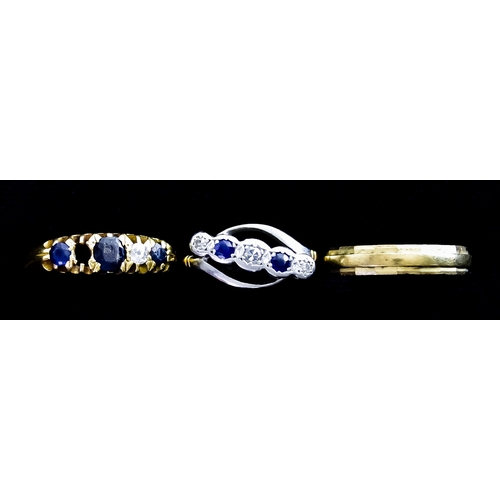 640 - Three Rings, comprising - an 18ct diamond and sapphire (one diamond missing) ring, size R, an 18ct r... 
