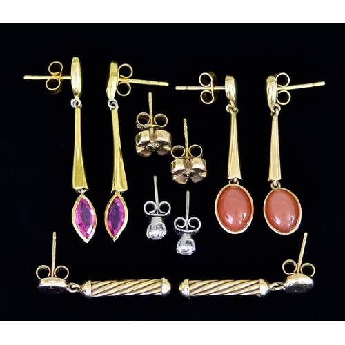 644 - Five Pairs of Earrings, for pierced ears, comprising - one pair of 9ct gold set with small pink ston... 