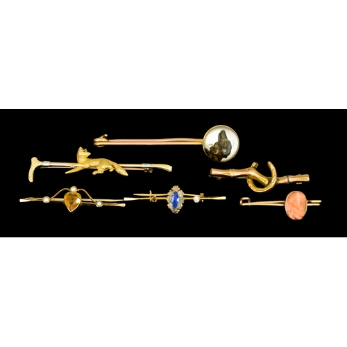 645 - Six Yellow Metal Bar Brooches, comprising - one fox and riding crop, one Essex crystal head of a Gre... 
