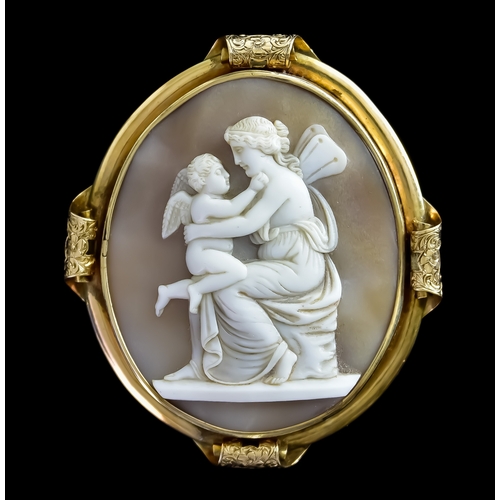 649 - A Yellow Metal Framed Carved Shell Cameo Brooch, depicting Psyche and Cupid, 65mm x 55mm, total gros... 