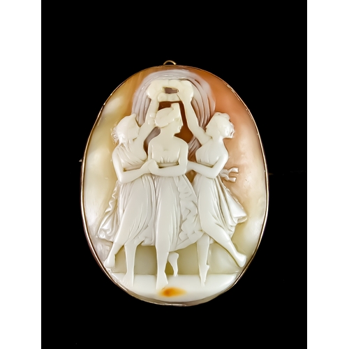 650 - A 9ct Gold Framed Carved Cameo Brooch, depicting The Three Graces, 50mm x 40mm, gross weight 13.1g