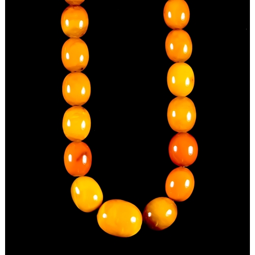 652 - A String of Butterscotch Amber Beads, approximately 440mm in length, strung on fine base metal chain... 