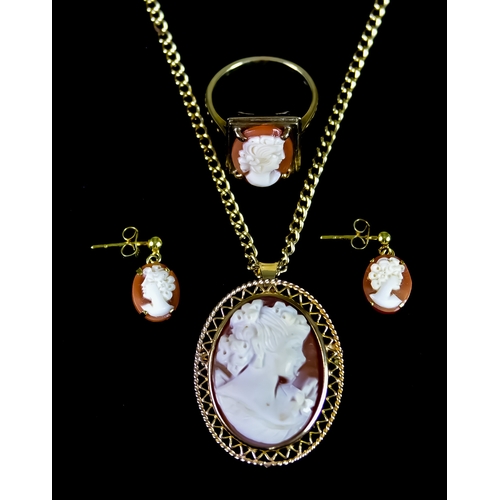 654 - A 9ct Gold Mounted Cameo Suite, comprising - ring size L+, a necklace pendant size 32mm x 26mm, susp... 