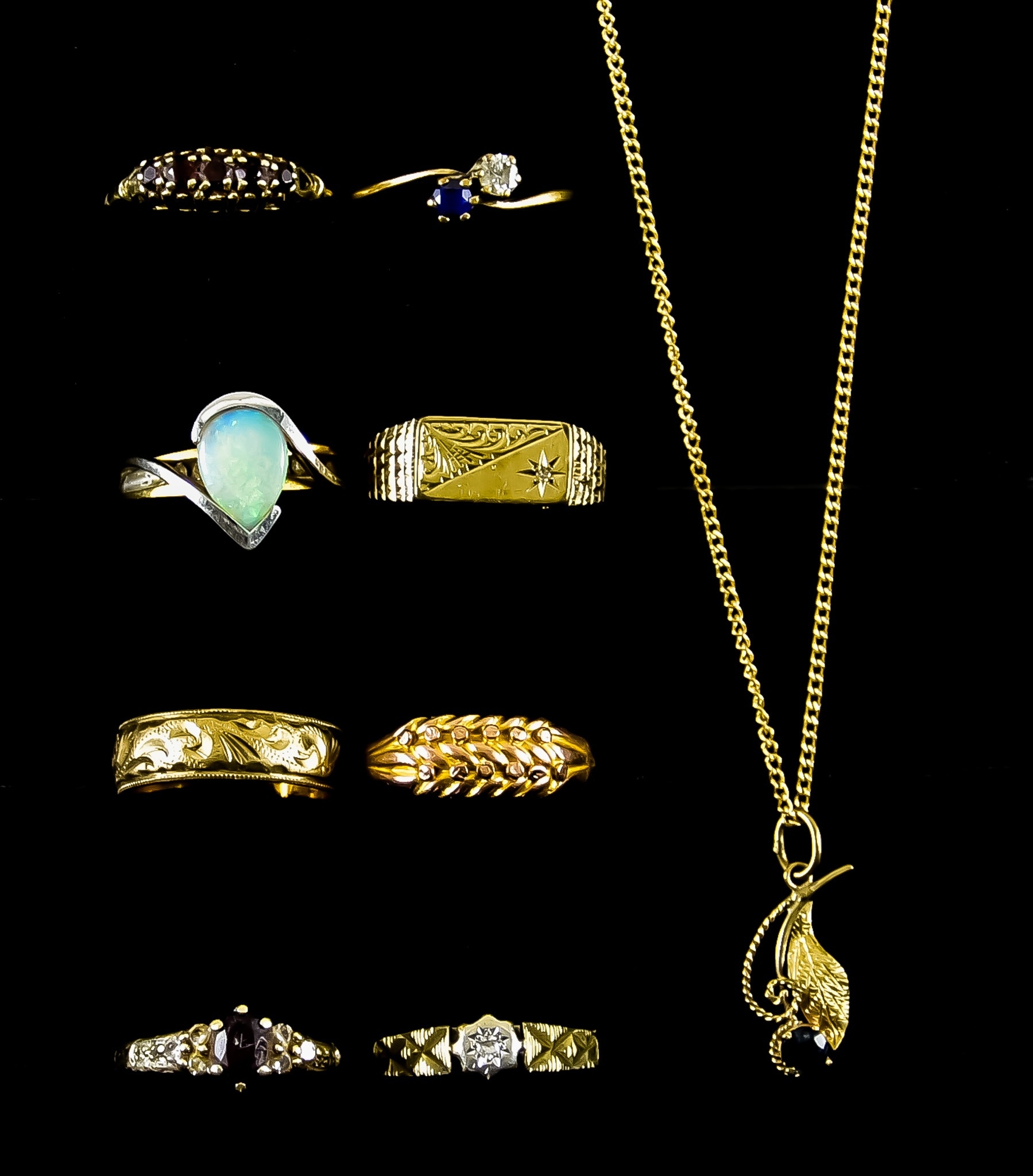 A Quantity of 9ct Gold Items, comprising - eight rings, some gem set ...