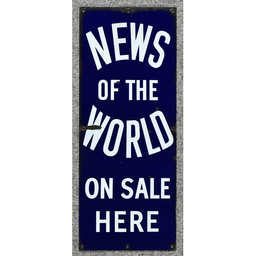 278 - A 20th Century News Of The World Enamel Advertising Sign, on a dark navy ground with bold white lett... 