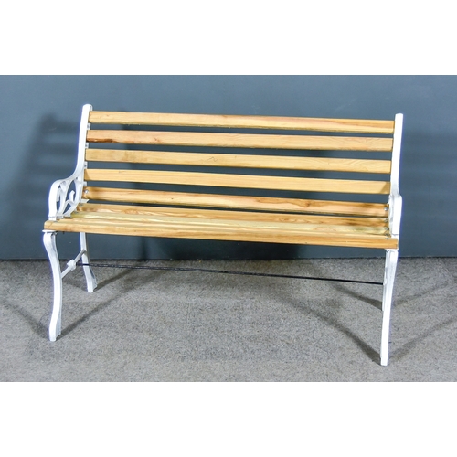 281 - An Early 20th Century White Painted Cast Iron Garden Bench, with slatted back and seat, and on ornat... 