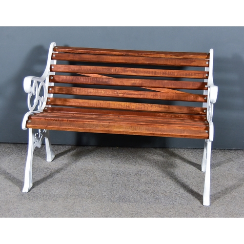 282 - An Early 20th Century White Painted Cast Iron Garden Bench, with slatted back and seat, and on ornat... 