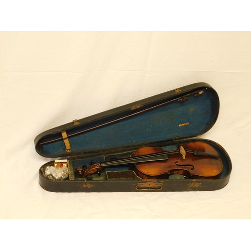 178 - c.1900 Violin with 2 piece back in case with bow
-bears a Stradivarius label inside
-length 59cm (23... 