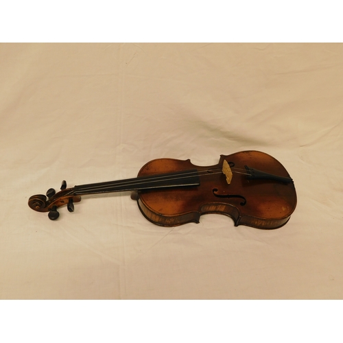 178 - c.1900 Violin with 2 piece back in case with bow
-bears a Stradivarius label inside
-length 59cm (23... 