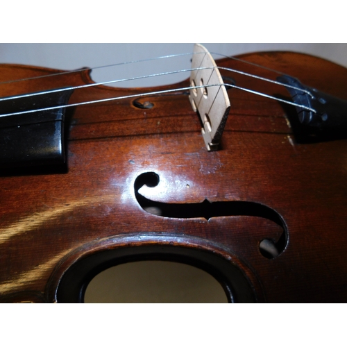 178 - c.1900 Violin with 2 piece back in case with bow
-bears a Stradivarius label inside
-length 59cm (23... 