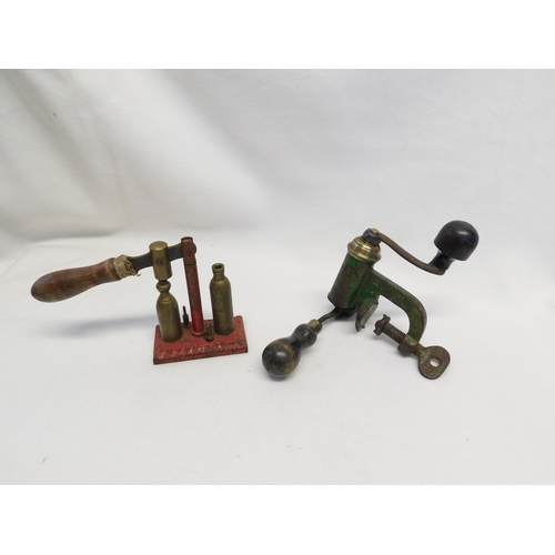 181 - Early brass and steel shot gun cartridge compresser + pillar type cartridge gun tool
