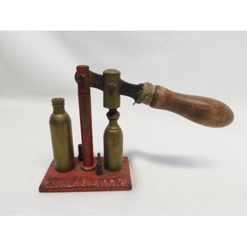 181 - Early brass and steel shot gun cartridge compresser + pillar type cartridge gun tool