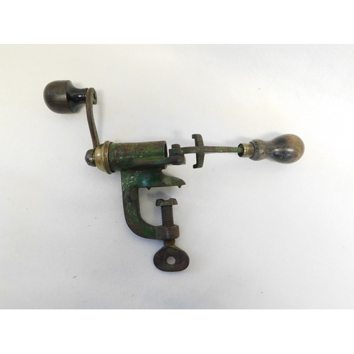 181 - Early brass and steel shot gun cartridge compresser + pillar type cartridge gun tool