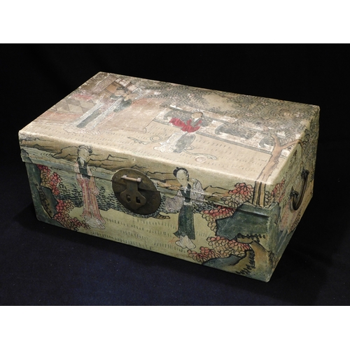 197 - Oriental vellum covered box profusely hand decorated with oriental figures. With brass handles & lat... 