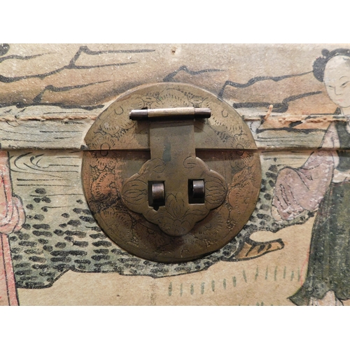 197 - Oriental vellum covered box profusely hand decorated with oriental figures. With brass handles & lat... 