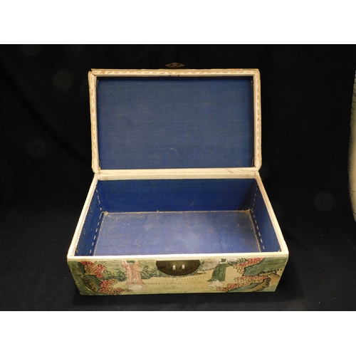 197 - Oriental vellum covered box profusely hand decorated with oriental figures. With brass handles & lat... 