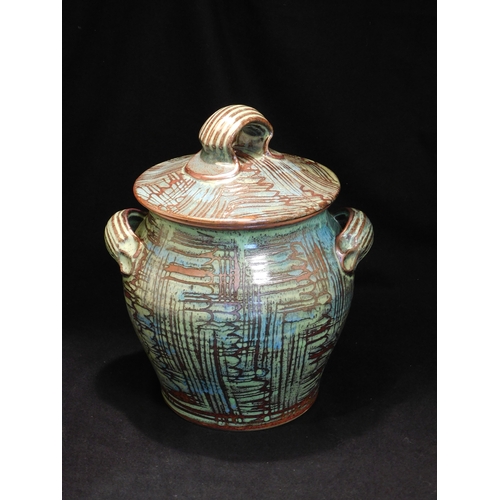 221 - Studio pottery bread crock with shino glaze, wax resist pattern, chrome and cobalt glazes by Simon E... 
