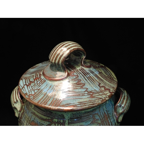 221 - Studio pottery bread crock with shino glaze, wax resist pattern, chrome and cobalt glazes by Simon E... 