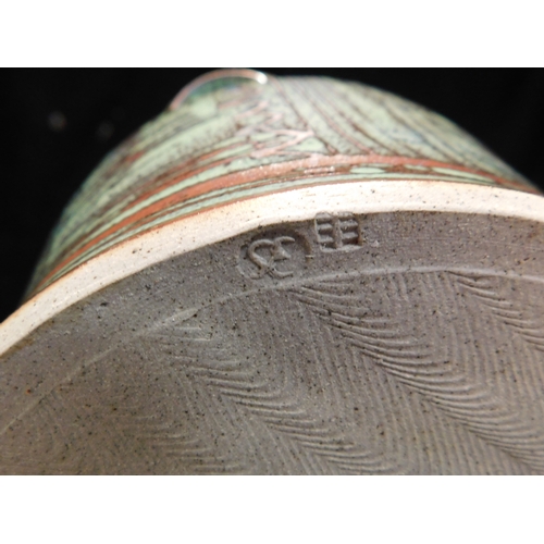 221 - Studio pottery bread crock with shino glaze, wax resist pattern, chrome and cobalt glazes by Simon E... 