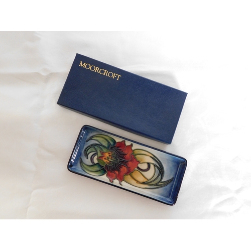 229 - 2001 (leaf backstamp) Moorcroft Anna Lily pattern rectangular dish (boxed)
-size 8½cm x 20cm (3¼