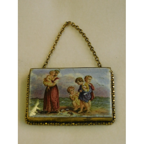 237 - Prattware rectangular lid in a gilt mount with chain
-'A Sea Shore Study' after Stothard