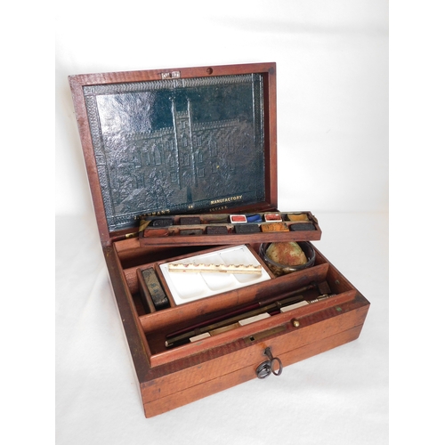 240 - James Newman mahogany artists box with key and mostly original contents inc palette and paints
-the ... 