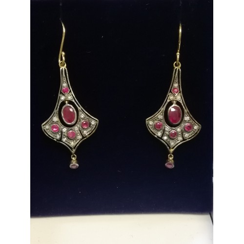 22 - Pair of drop earrings set with rubies & diamonds