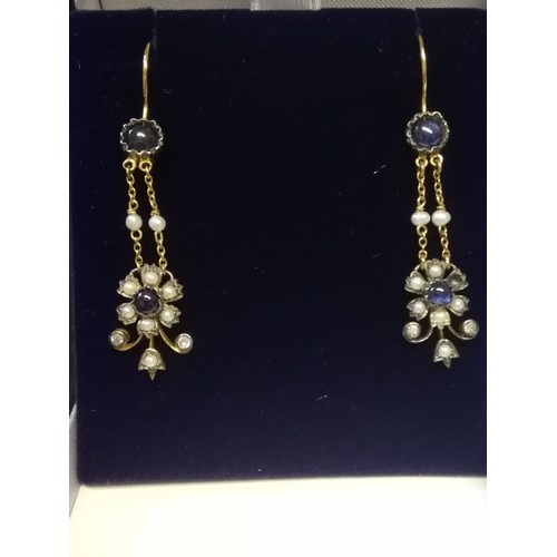 23 - Drop earrings set with cabochon sapphires, seed pearls & diamonds
-1 seed pearl missing