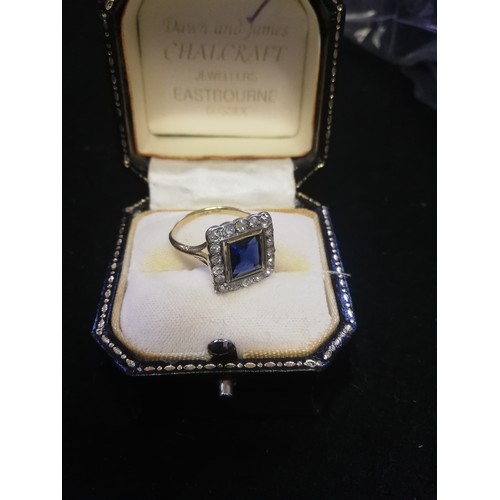 25 - Antique 18ct (unhallmarked) yellow gold square sapphire and old cut diamond ring