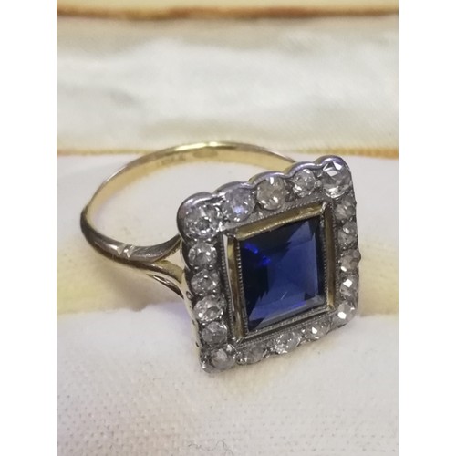 25 - Antique 18ct (unhallmarked) yellow gold square sapphire and old cut diamond ring