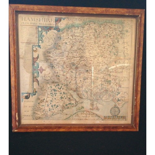 104 - 17th century (1607) framed map of (Hampshire) Hamshire - Olim pars belgarum by John Norden (1548-162... 