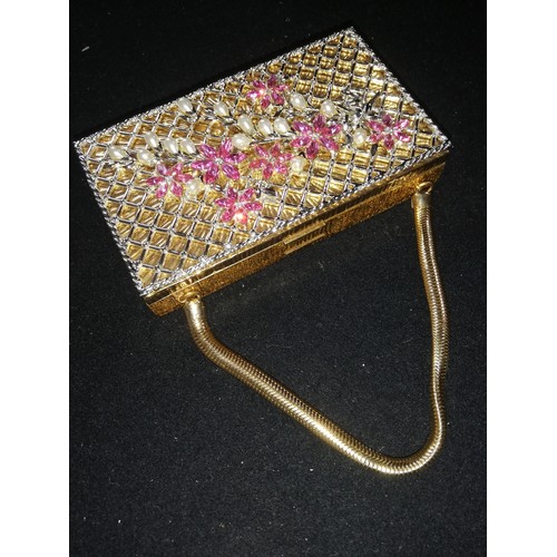 122 - 1950's American 2 part vanity case / carryall made from gilt metal & set with pink stones and pearls... 