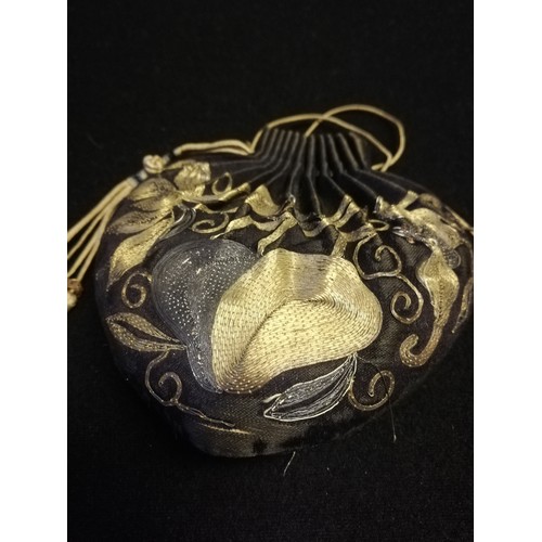 140 - Oriental silk embroidered & tasselled snuff bottle purse