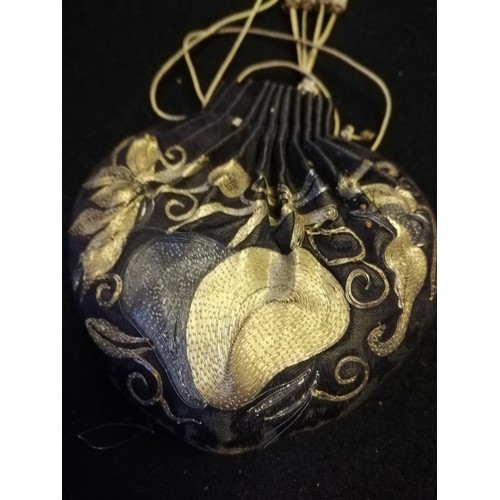 140 - Oriental silk embroidered & tasselled snuff bottle purse